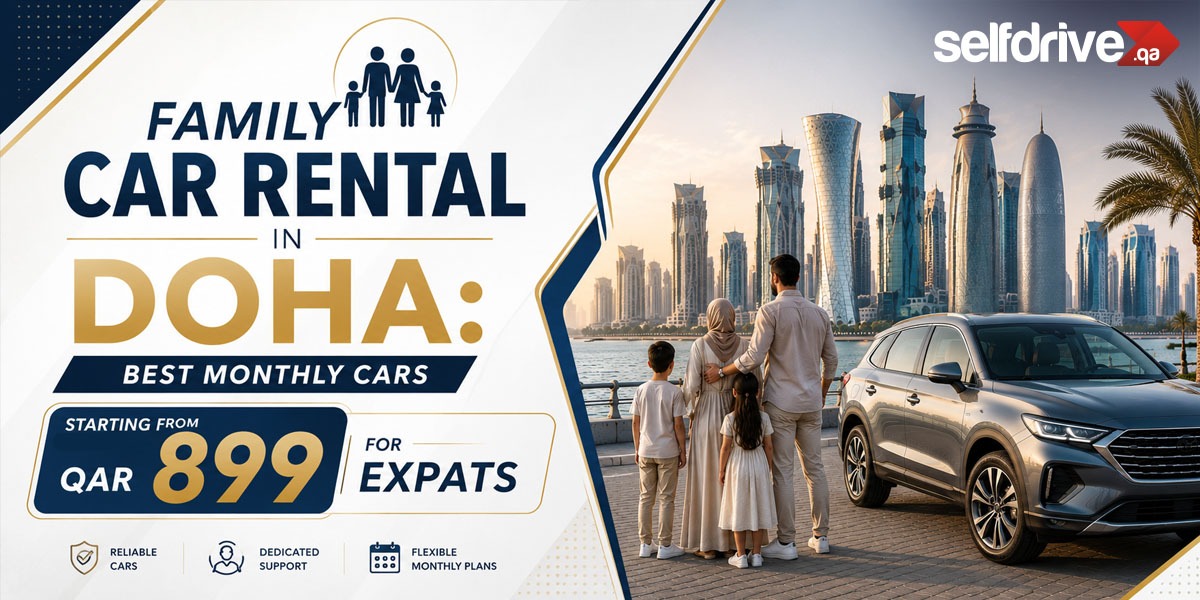 A family smiles by their rented car in Doha, highlighting the vibrant city atmosphere and clear blue sky.
